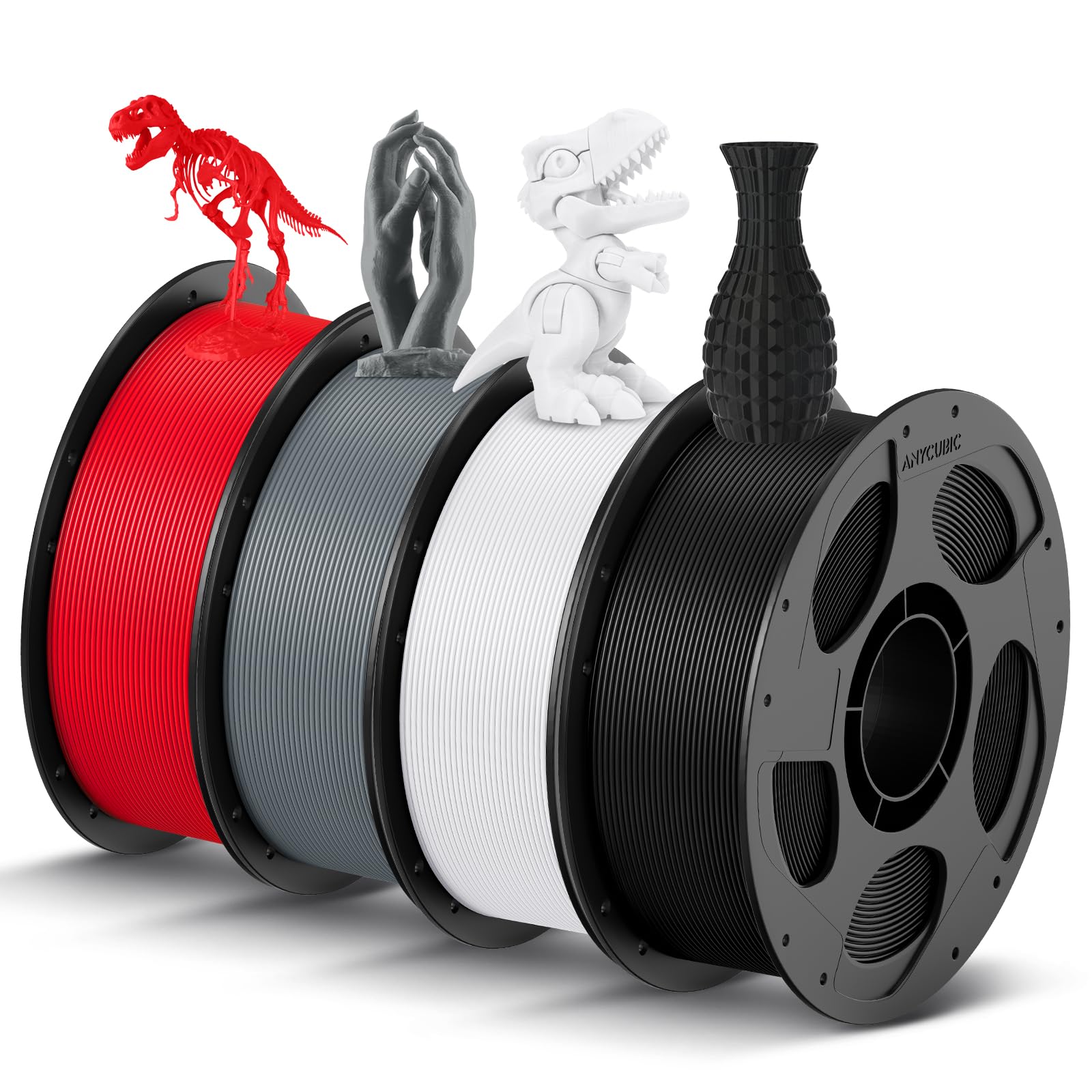 ANYCUBIC PLA Filament 1.75mm Bundle, 3D Printing PLA Filament 1.75mm Dimensional Accuracy +/- 0.02mm, 1KG Reusable Spool (2.2 lbs), 4KG Black + White + Blue + Red