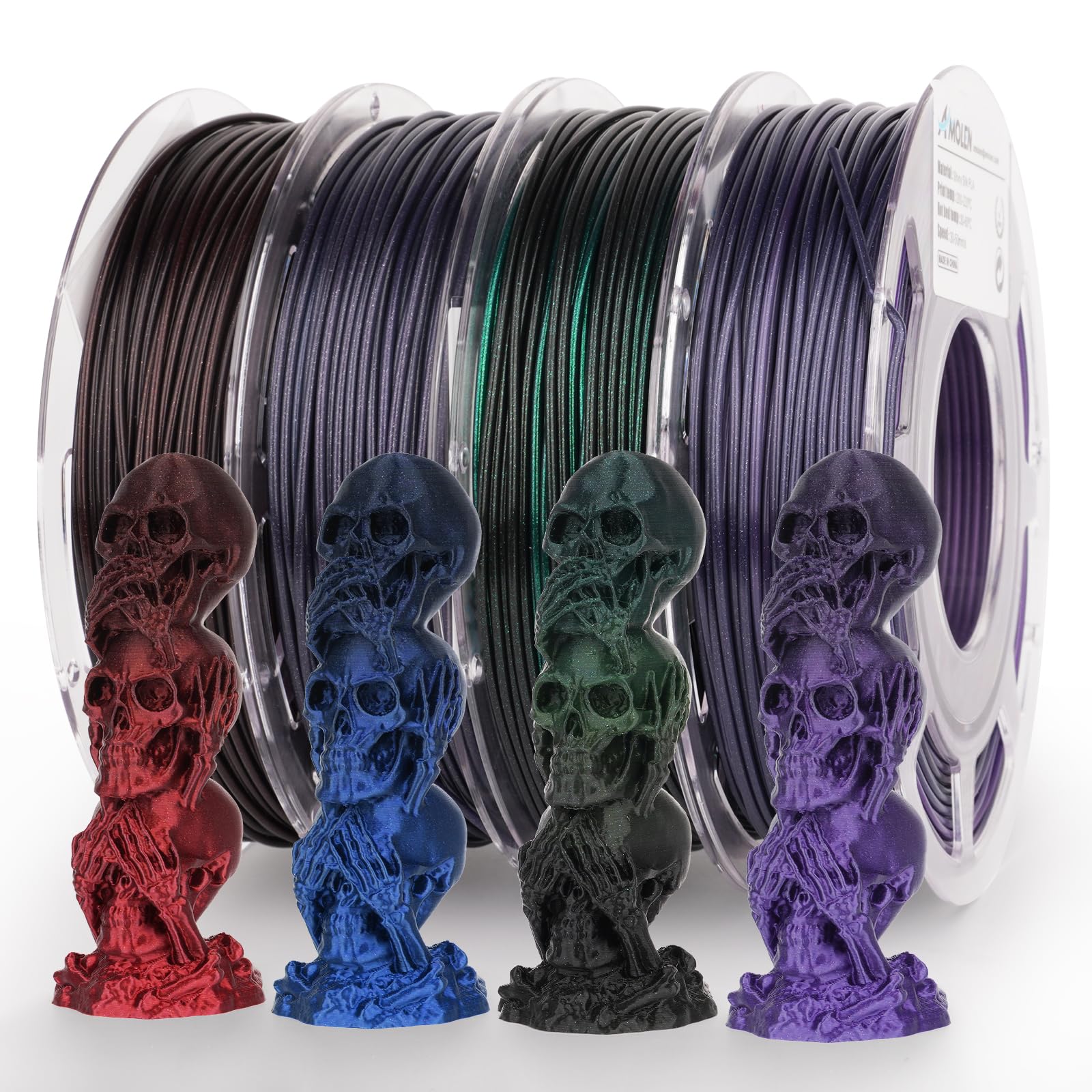 AMOLEN Silk PLA 3D Printer Filament Bundle, Shiny Dual Color Filament 1.75mm Pack, Multi Color Change 3D Printing Filament for Most FDM 3D Printer, 4 Spools 200g Each