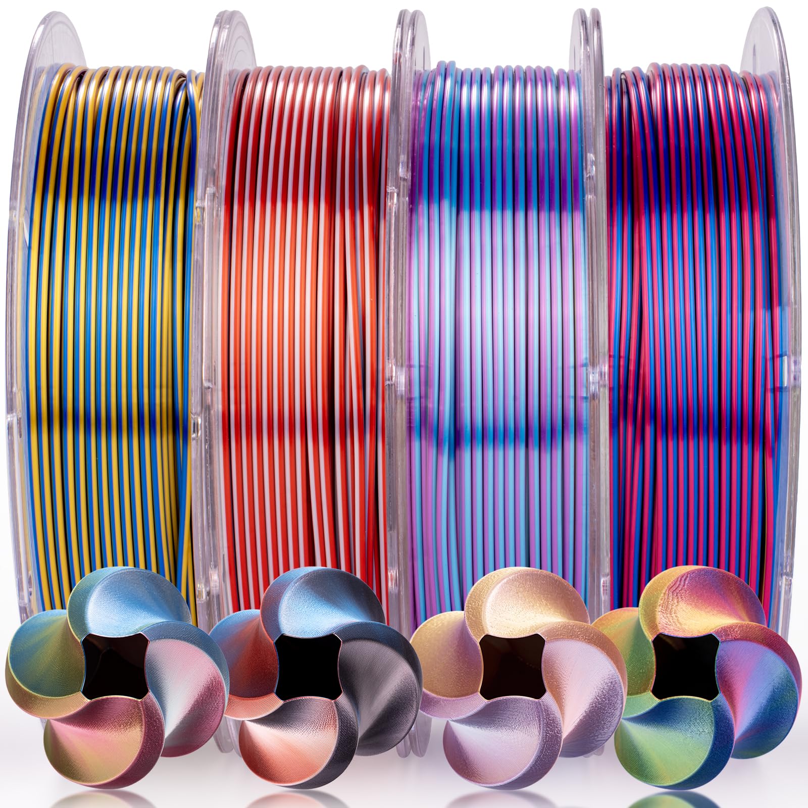 AMOLEN Silk PLA 3D Printer Filament Bundle, Shiny Dual Color Filament 1.75mm Pack, Multi Color Change 3D Printing Filament for Most FDM 3D Printer, 4 Spools 200g Each