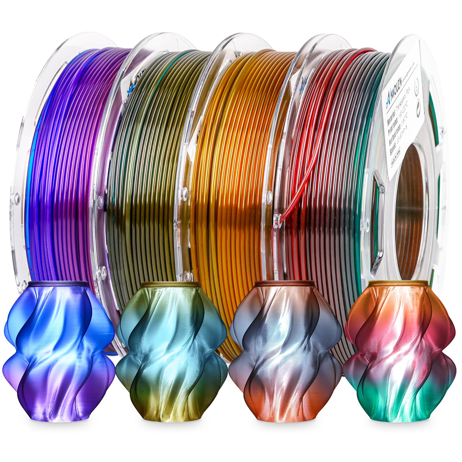 AMOLEN Silk PLA 3D Printer Filament Bundle, Shiny Dual Color Filament 1.75mm Pack, Multi Color Change 3D Printing Filament for Most FDM 3D Printer, 4 Spools 200g Each