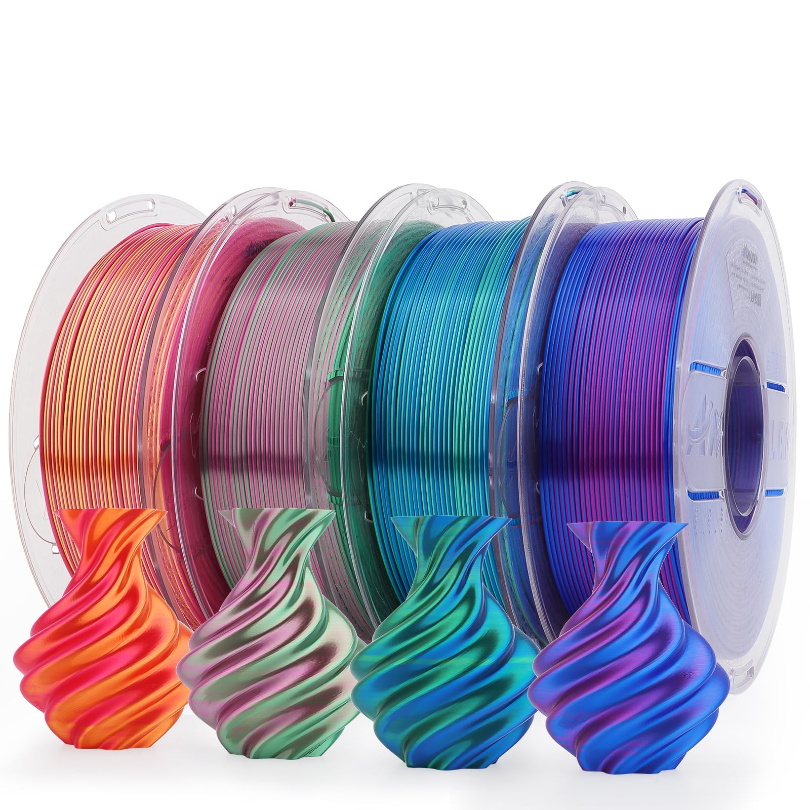 AMOLEN Silk PLA 3D Printer Filament Bundle, Shiny Dual Color Filament 1.75mm Pack, Multi Color Change 3D Printing Filament for Most FDM 3D Printer, 4 Spools 200g Each