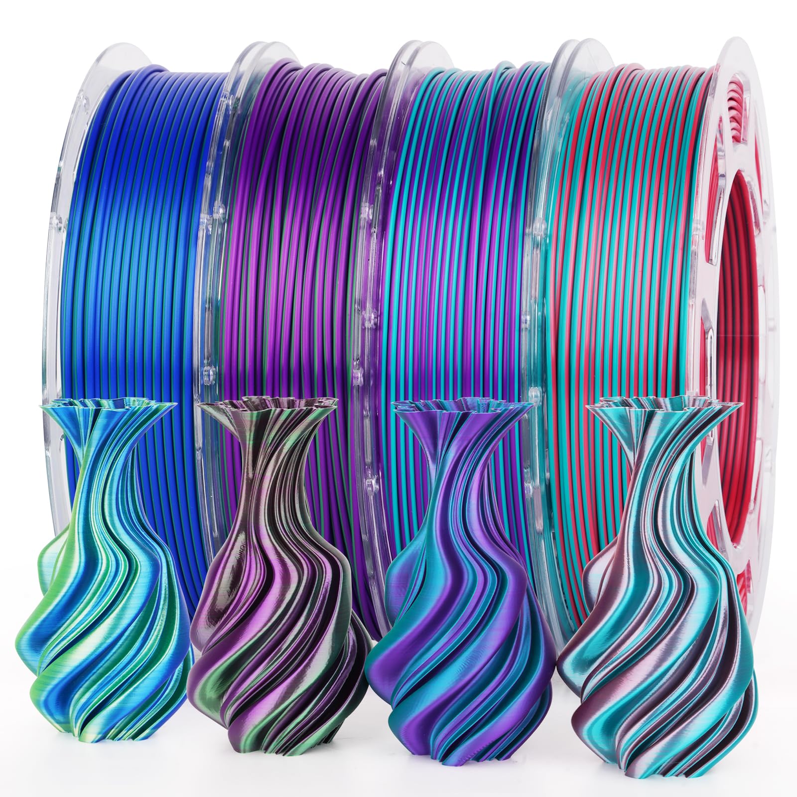 AMOLEN Silk PLA 3D Printer Filament Bundle, Shiny Dual Color Filament 1.75mm Pack, Multi Color Change 3D Printing Filament for Most FDM 3D Printer, 4 Spools 200g Each