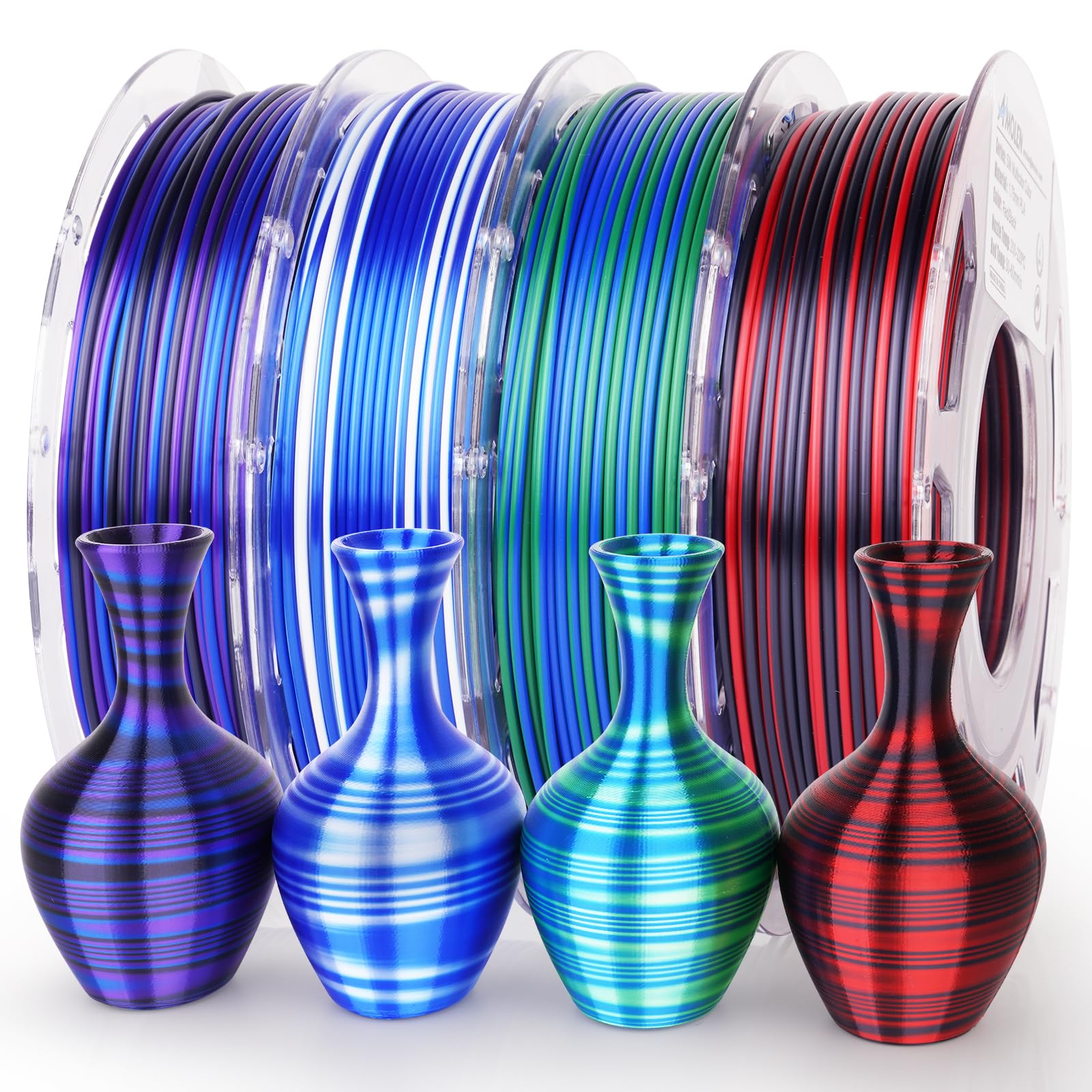 AMOLEN Silk PLA 3D Printer Filament Bundle, Shiny Dual Color Filament 1.75mm Pack, Multi Color Change 3D Printing Filament for Most FDM 3D Printer, 4 Spools 200g Each