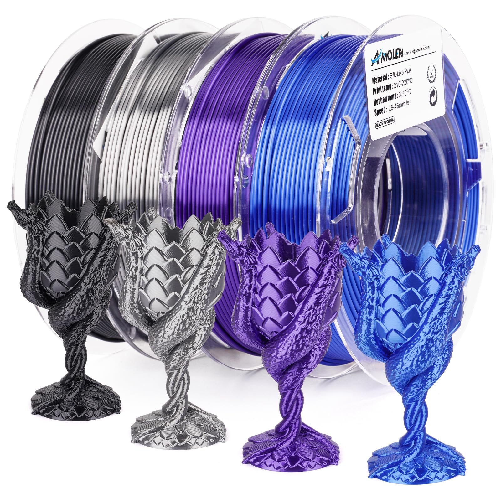 AMOLEN Silk PLA 3D Printer Filament Bundle, Shiny Dual Color Filament 1.75mm Pack, Multi Color Change 3D Printing Filament for Most FDM 3D Printer, 4 Spools 200g Each