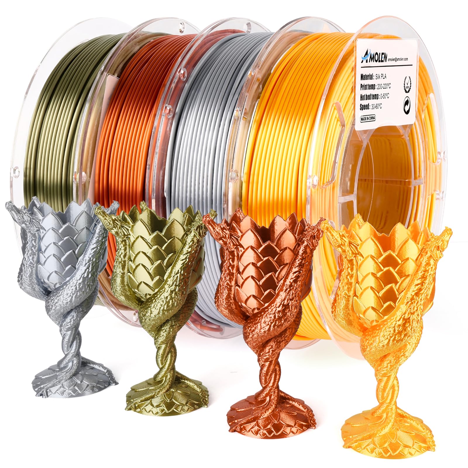 AMOLEN Silk PLA 3D Printer Filament Bundle, Shiny Dual Color Filament 1.75mm Pack, Multi Color Change 3D Printing Filament for Most FDM 3D Printer, 4 Spools 200g Each