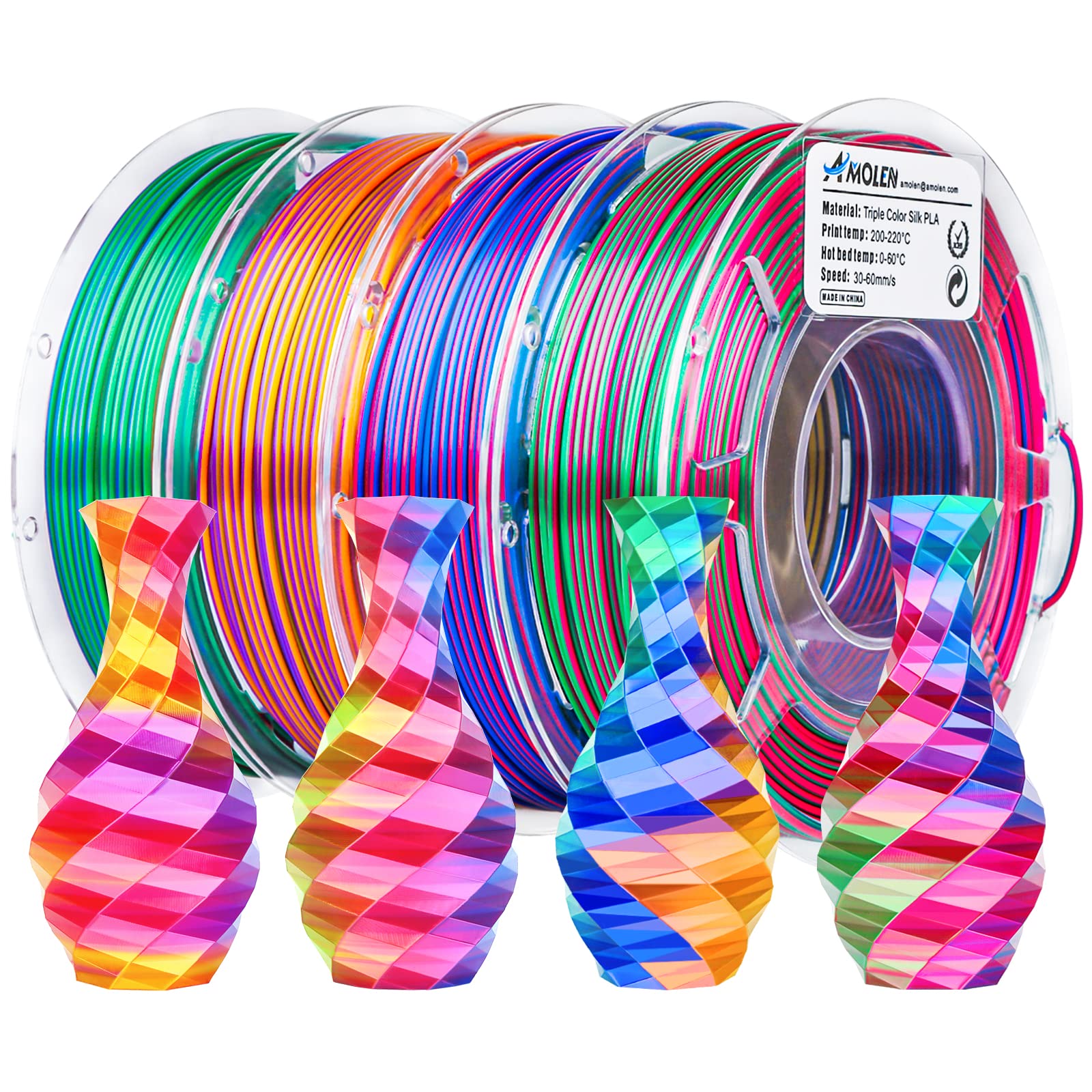 AMOLEN Silk PLA 3D Printer Filament Bundle, Shiny Dual Color Filament 1.75mm Pack, Multi Color Change 3D Printing Filament for Most FDM 3D Printer, 4 Spools 200g Each