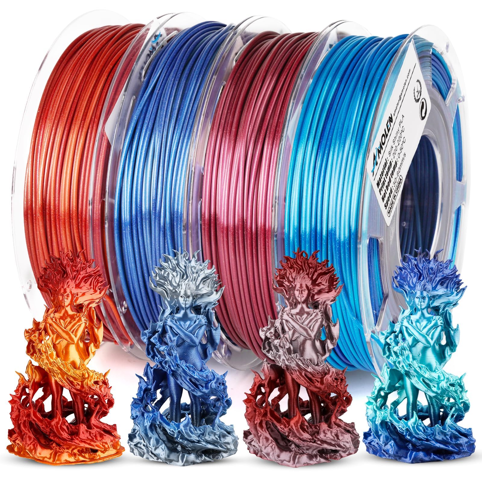 AMOLEN Silk PLA 3D Printer Filament Bundle, Shiny Dual Color Filament 1.75mm Pack, Multi Color Change 3D Printing Filament for Most FDM 3D Printer, 4 Spools 200g Each
