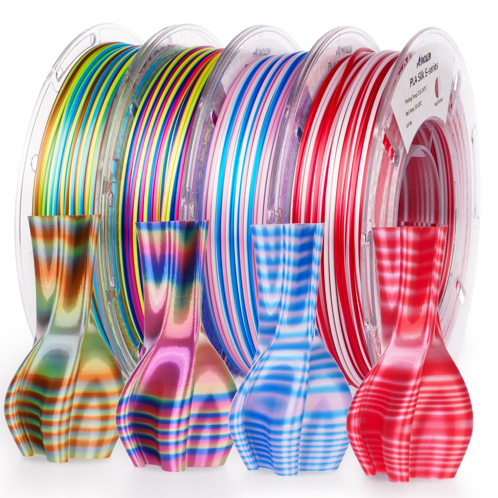 AMOLEN Silk PLA 3D Printer Filament Bundle, Shiny Dual Color Filament 1.75mm Pack, Multi Color Change 3D Printing Filament for Most FDM 3D Printer, 4 Spools 200g Each