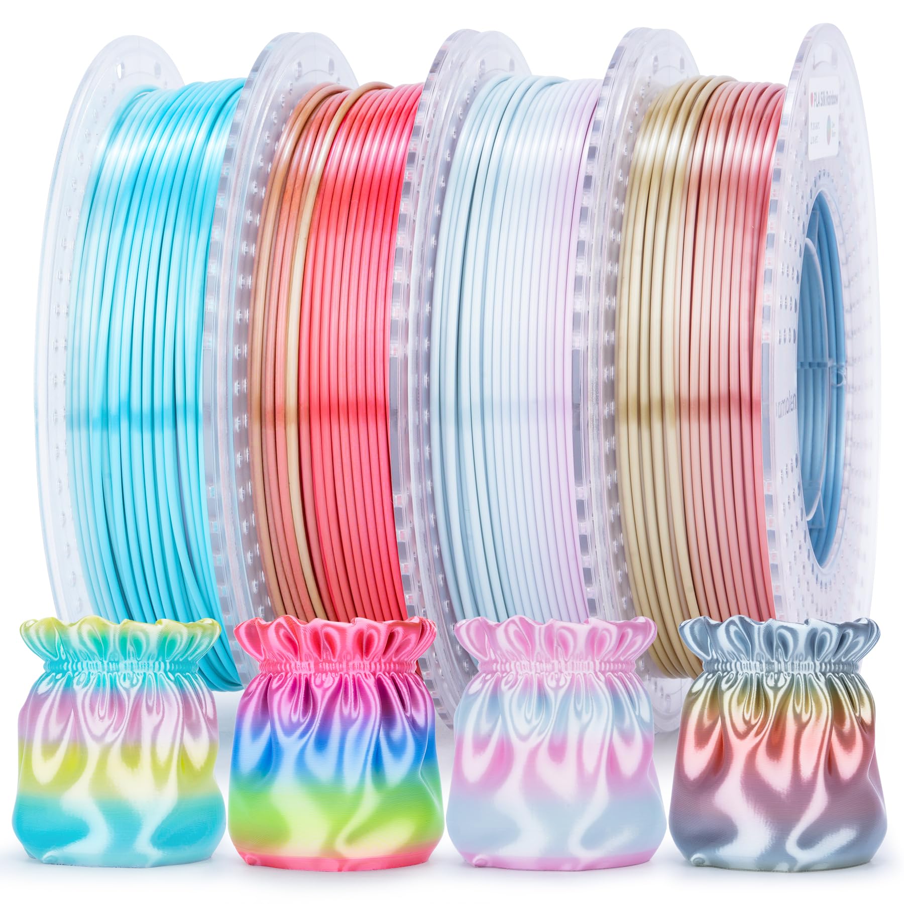 AMOLEN Silk PLA 3D Printer Filament Bundle, Shiny Dual Color Filament 1.75mm Pack, Multi Color Change 3D Printing Filament for Most FDM 3D Printer, 4 Spools 200g Each