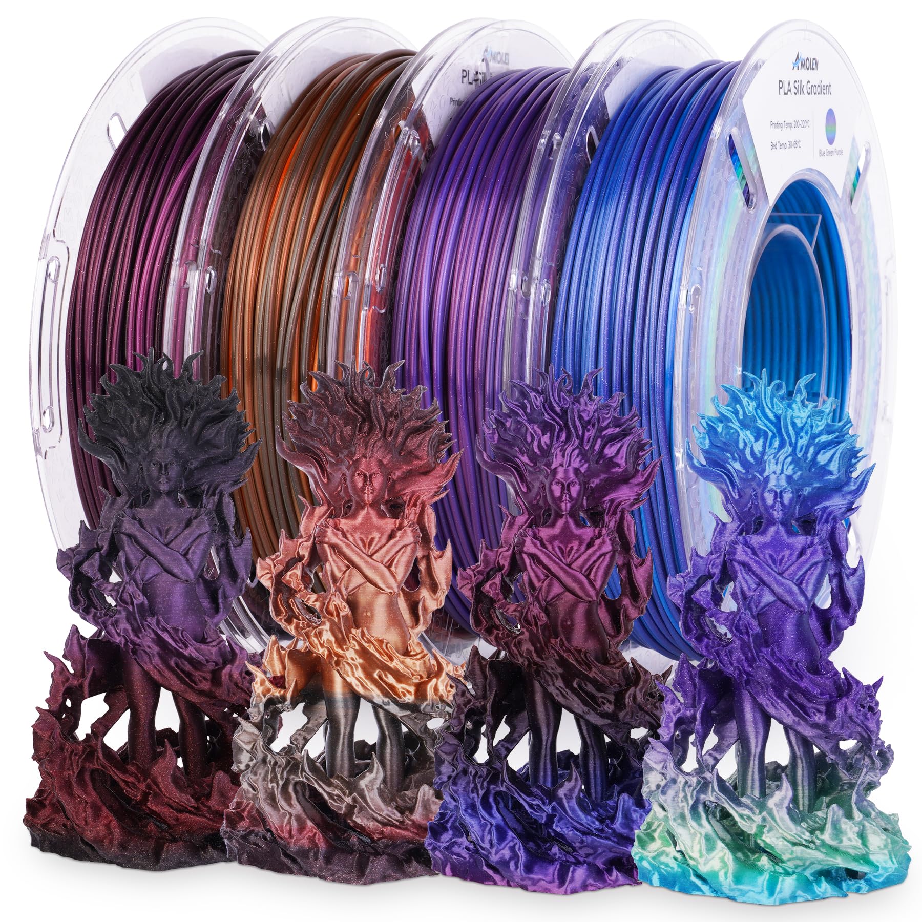 AMOLEN Silk PLA 3D Printer Filament Bundle, Shiny Dual Color Filament 1.75mm Pack, Multi Color Change 3D Printing Filament for Most FDM 3D Printer, 4 Spools 200g Each